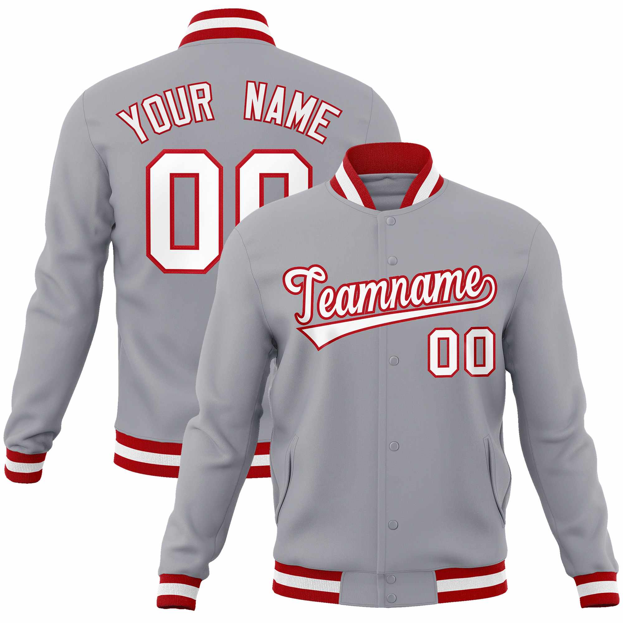 Custom Gray White-Red Classic Style Varsity Full-Snap Letterman Jacket | KXKSHOP