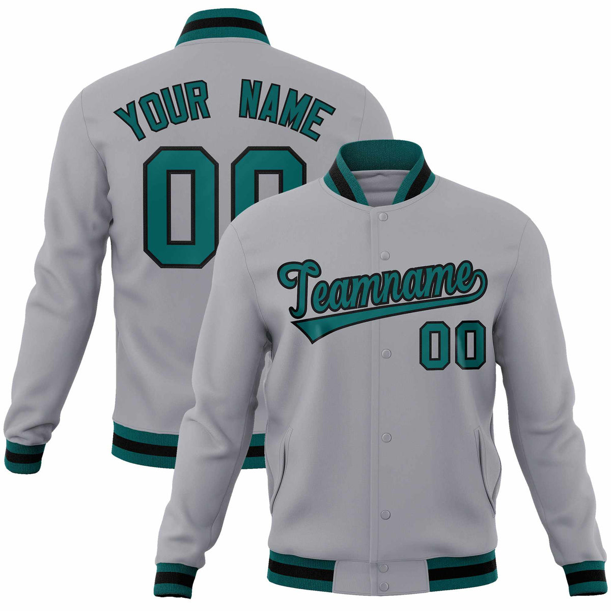 Custom Gray Aqua-Black Classic Style Varsity Full-Snap Letterman Jacket | KXKSHOP