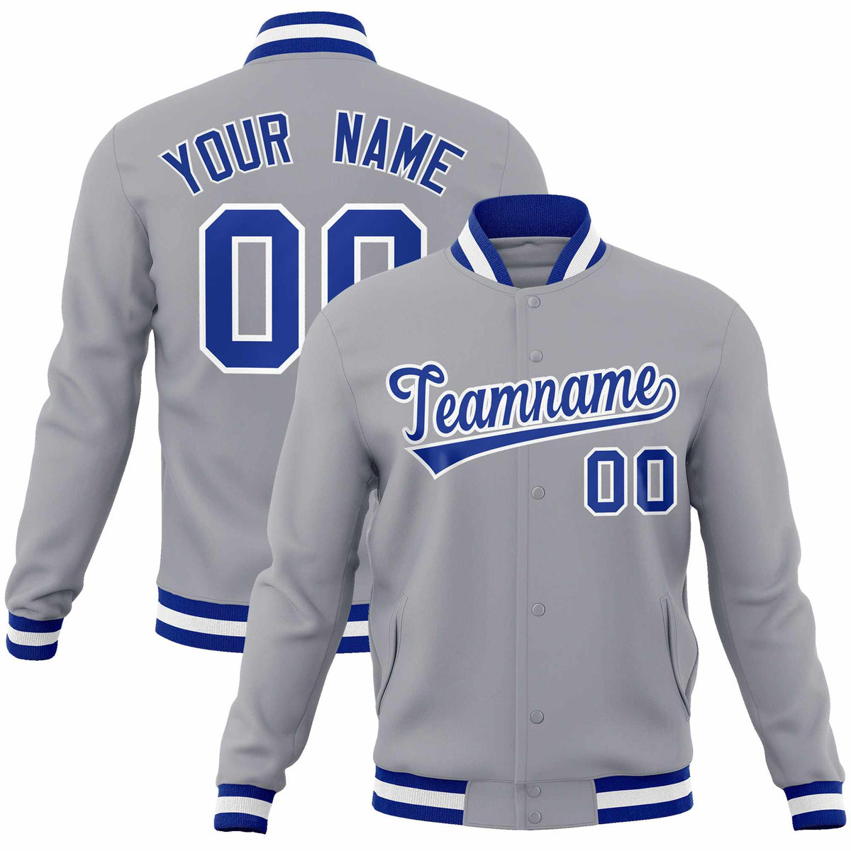 Custom Gray Royal-White Classic Style Varsity Full-Snap Letterman Jacket | KXKSHOP