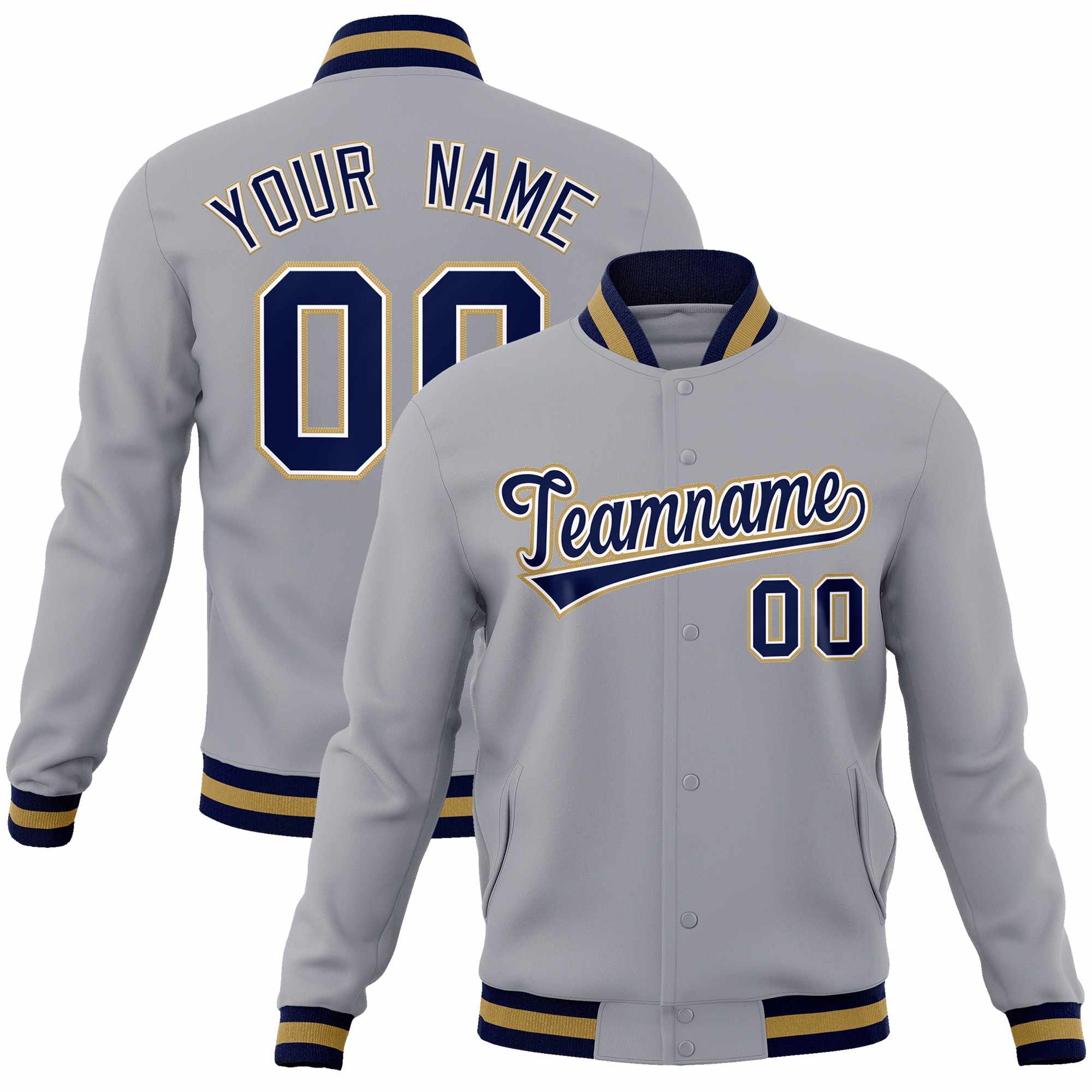 Custom Gray Navy-Old Gold Classic Style Varsity Full-Snap Letterman Jacket | KXKSHOP