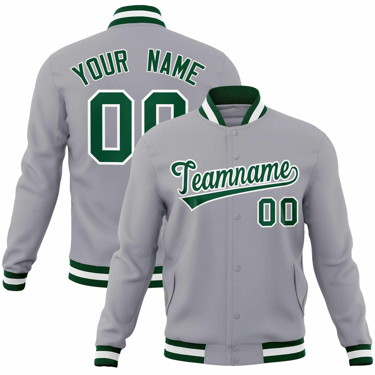 Custom Gray Green-White Classic Style Varsity Full-Snap Letterman Jacket | KXKSHOP