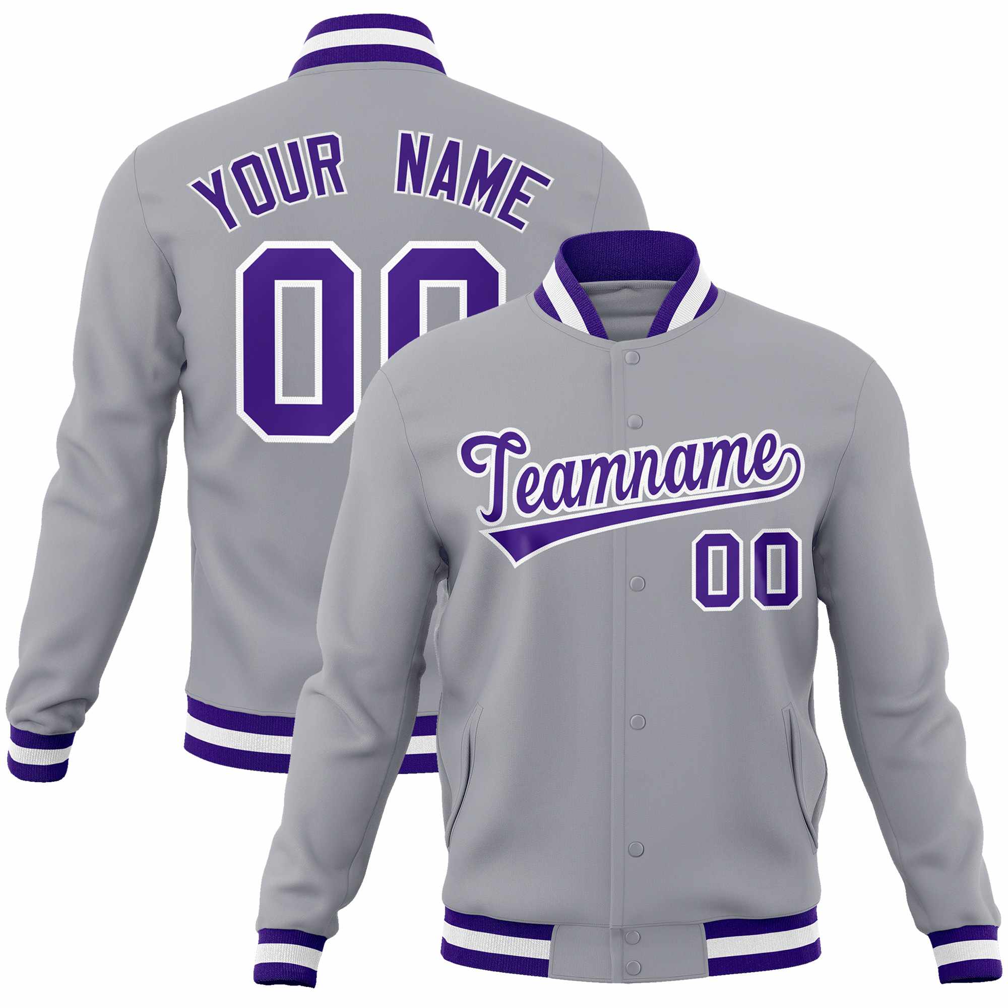 Custom Gray Purple-White Classic Style Varsity Full-Snap Letterman Jacket | KXKSHOP