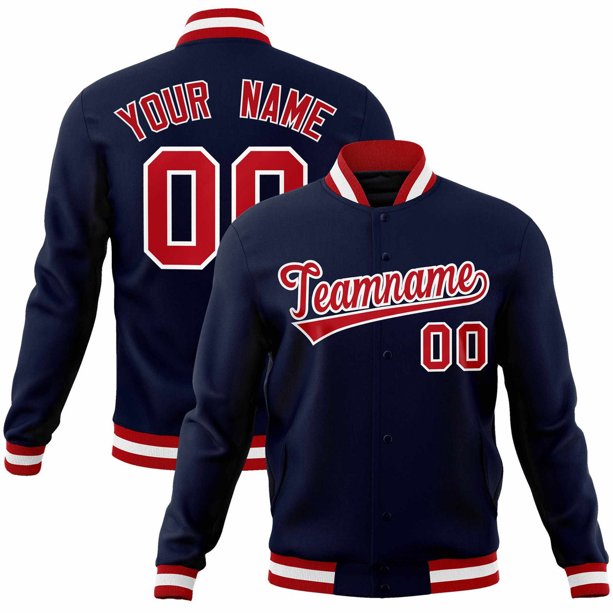 Custom Navy Red-White Classic Style Varsity Full-Snap Letterman Jacket | KXKSHOP