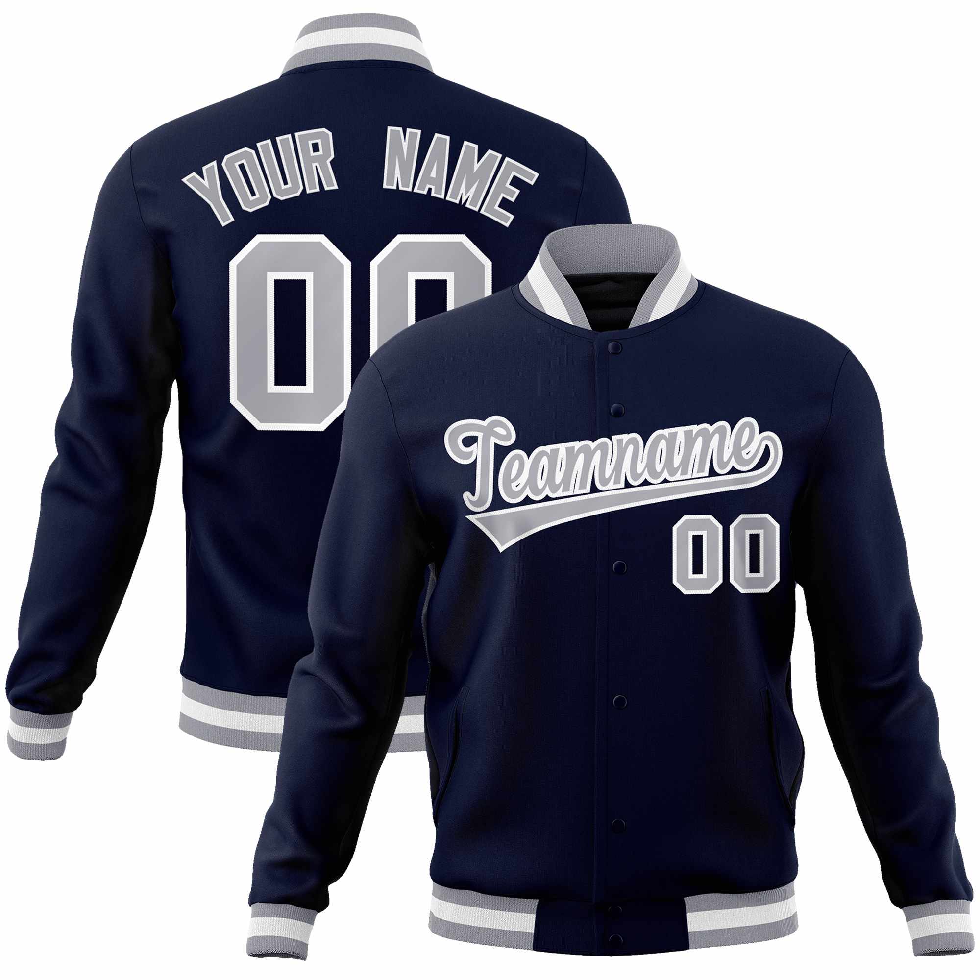 Custom Navy Gray-White Classic Style Varsity Full-Snap Letterman Jacket | KXKSHOP