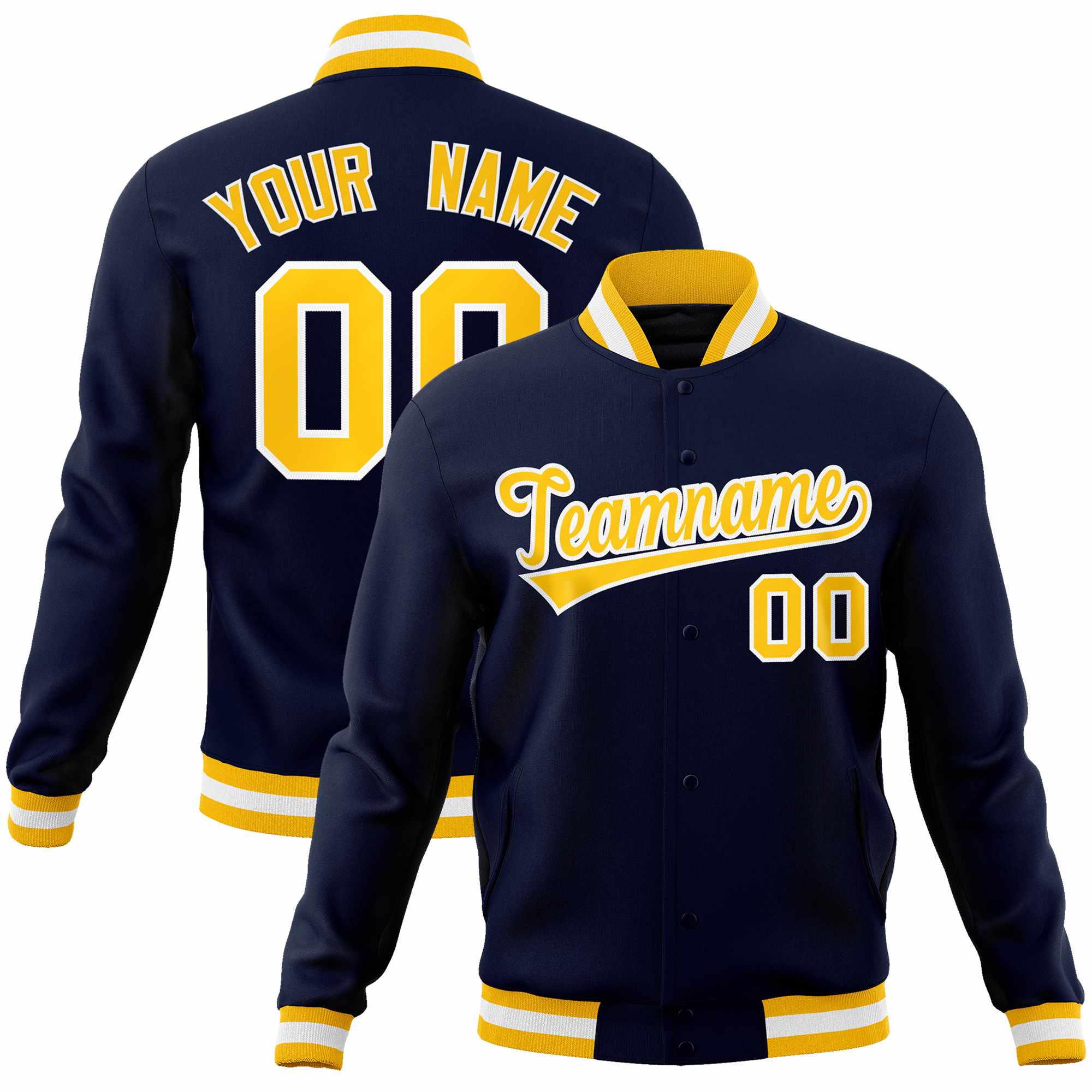 Custom Navy Gold-White Classic Style Varsity Full-Snap Letterman Jacket | KXKSHOP