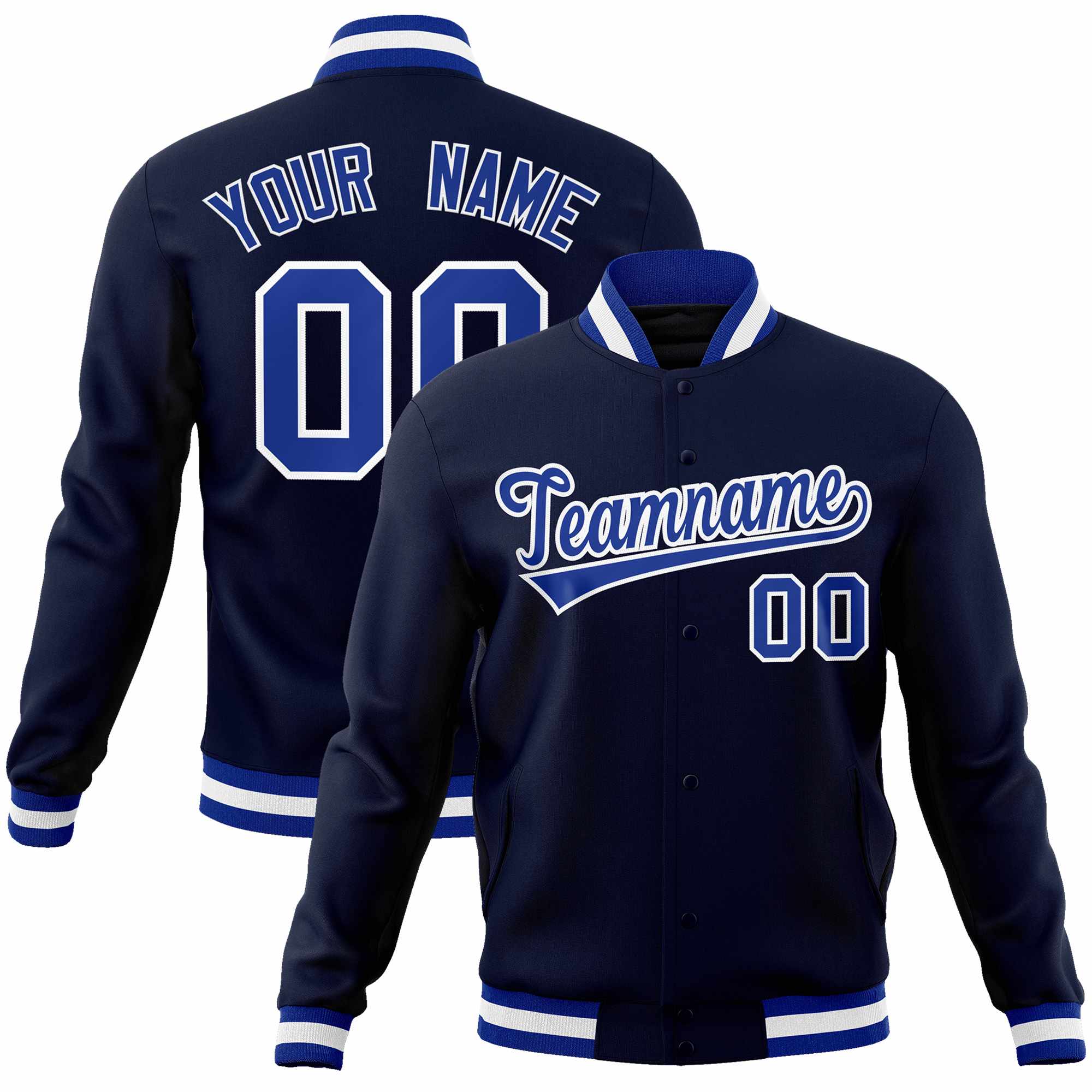 Custom Navy Royal-White Classic Style Varsity Full-Snap Letterman Jacket | KXKSHOP