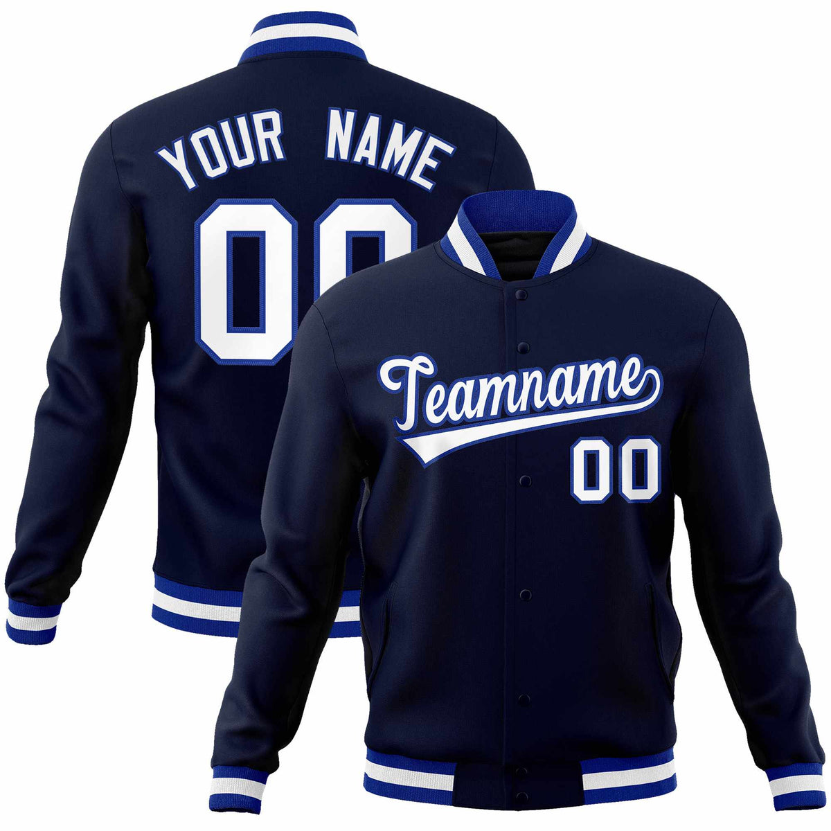 Custom Navy White-Royal Classic Style Varsity Full-Snap Letterman Jacket | KXKSHOP