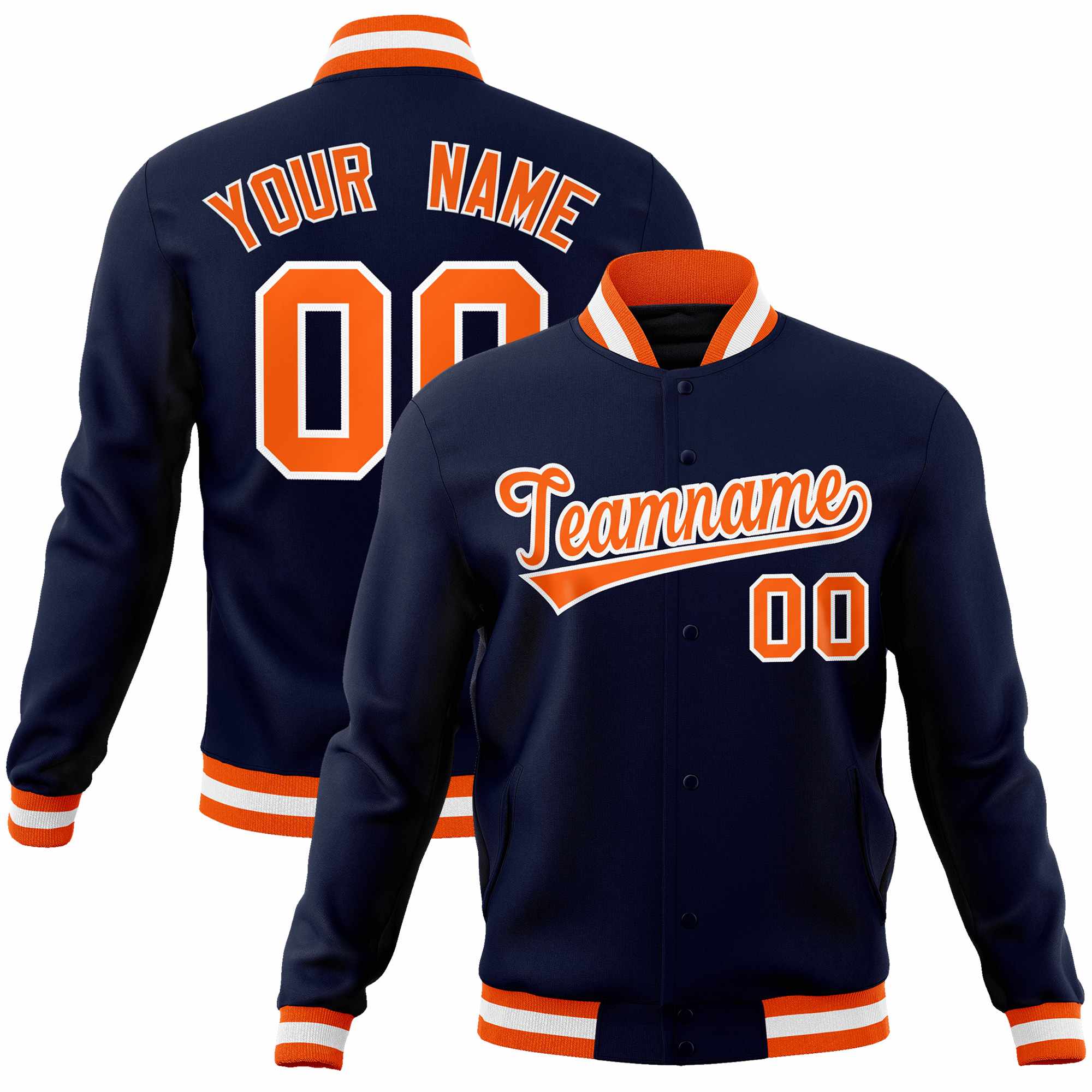 Custom Navy Orange-White Classic Style Varsity Full-Snap Letterman Jacket | KXKSHOP