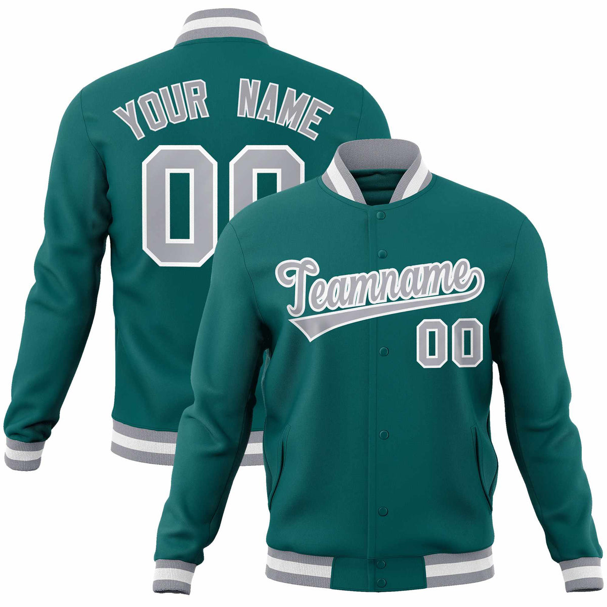 Custom Aqua Gray-White Classic Style Varsity Full-Snap Letterman Jacket | KXKSHOP