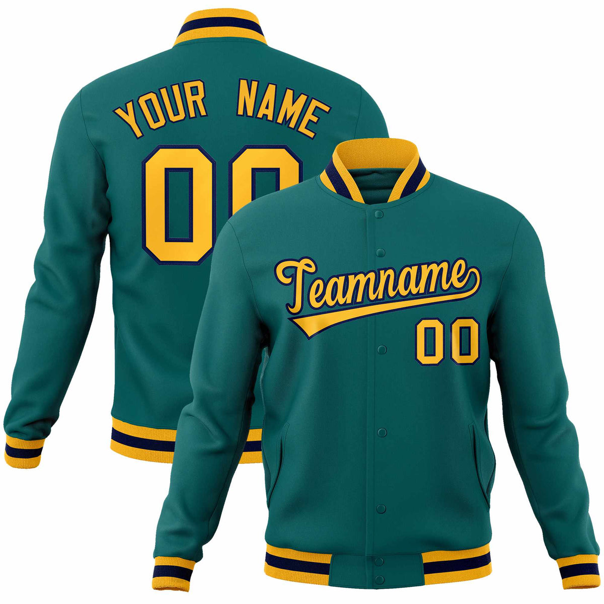 Custom Aqua Gold-Navy Classic Style Varsity Full-Snap Letterman Jacket | KXKSHOP