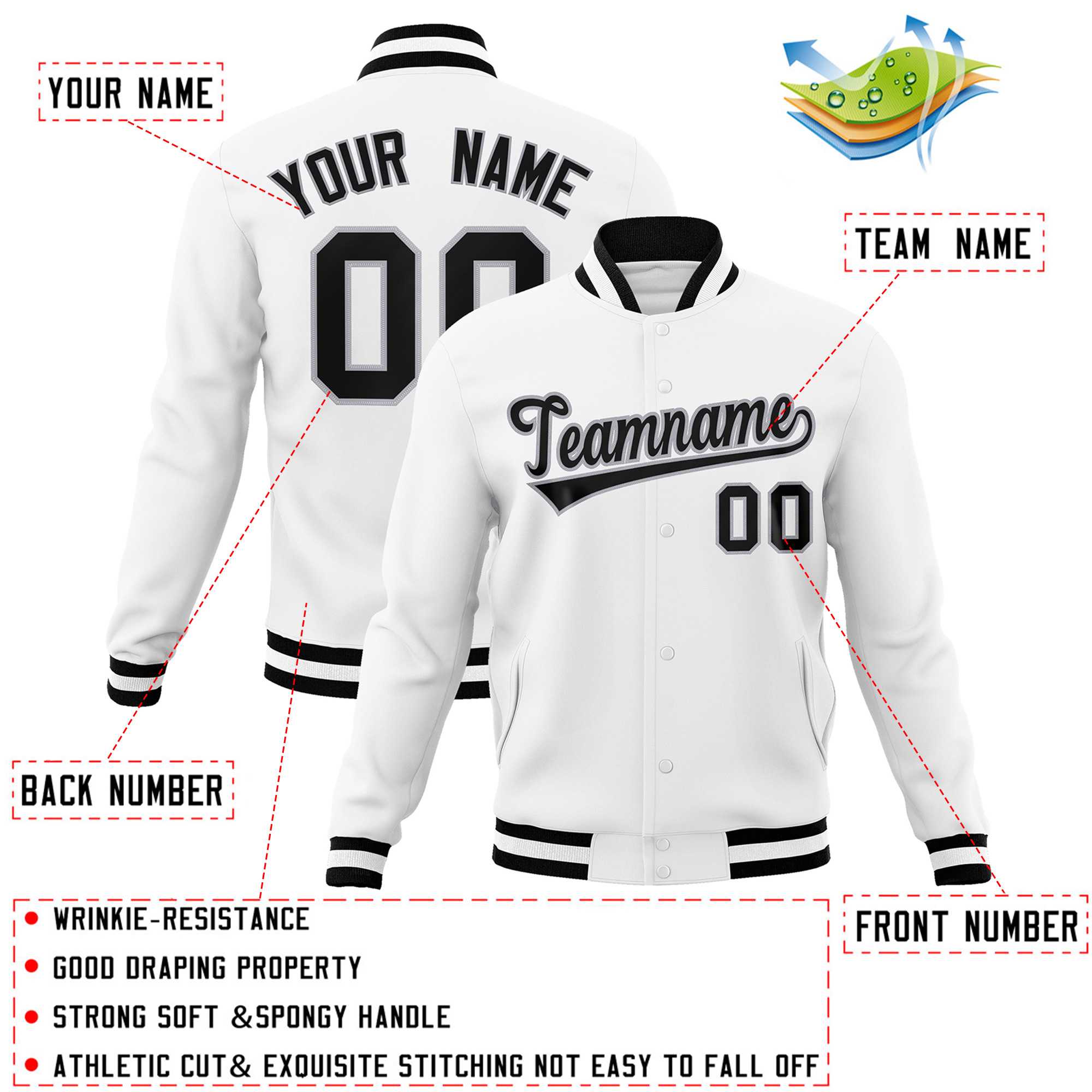 Custom White Black-Gray Classic Style Varsity Full-Snap Letterman Jacket | KXKSHOP