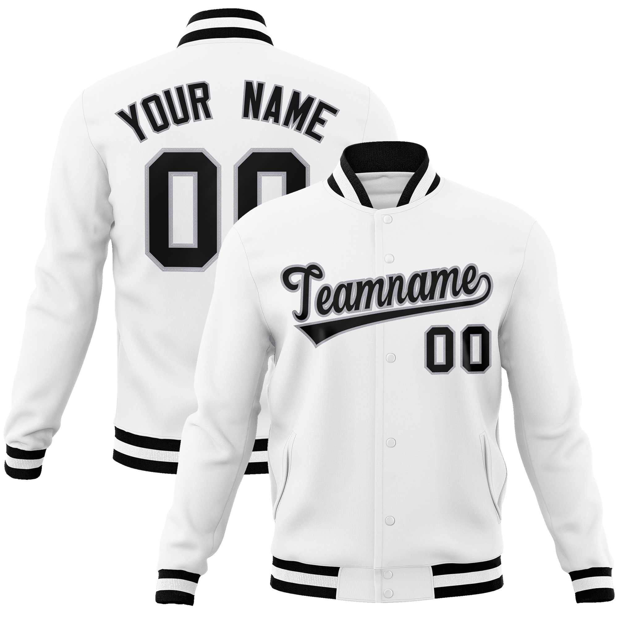 Custom White Black-Gray Classic Style Varsity Full-Snap Letterman Jacket | KXKSHOP