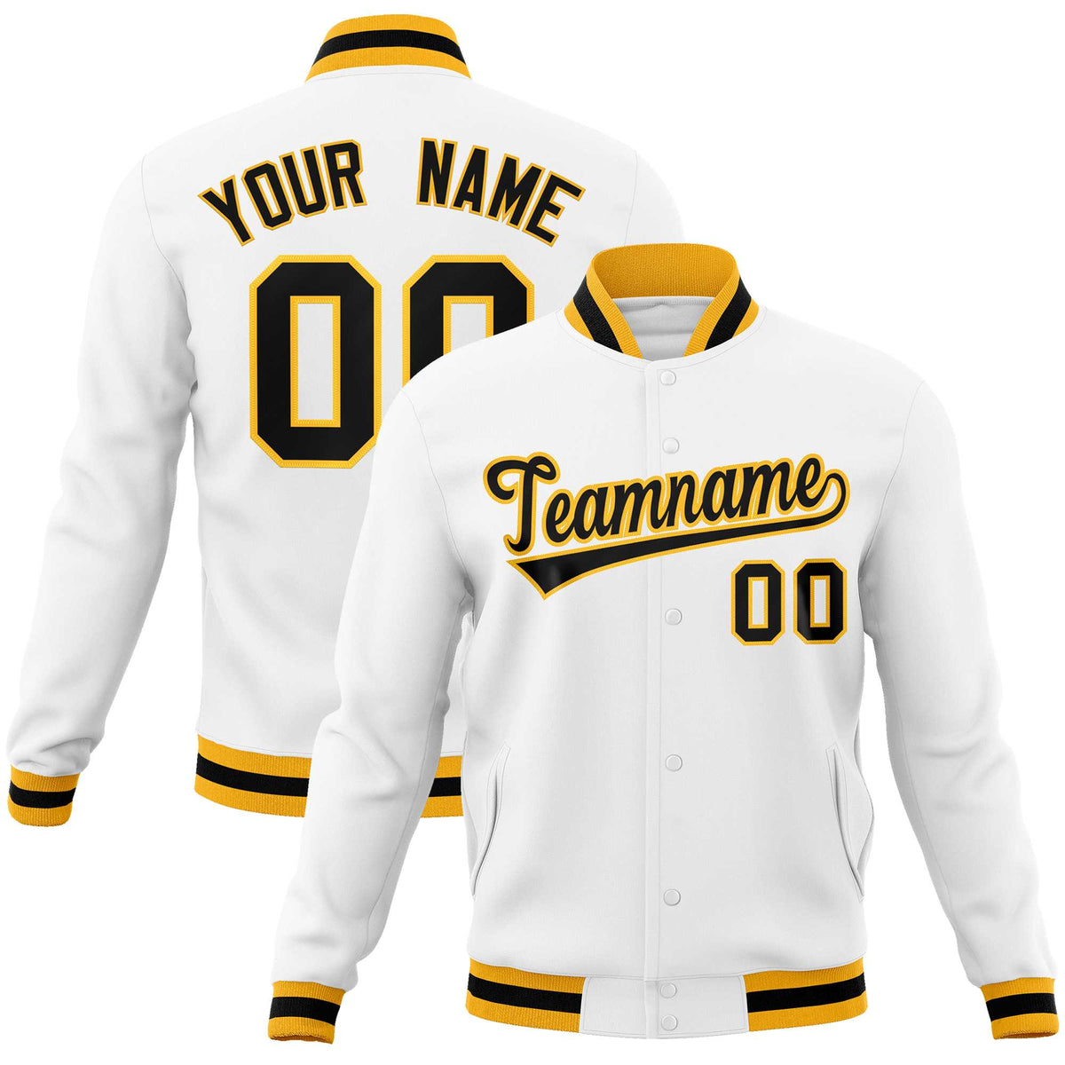 Custom White Black-Gold Classic Style Varsity Full-Snap Letterman Jacket | KXKSHOP
