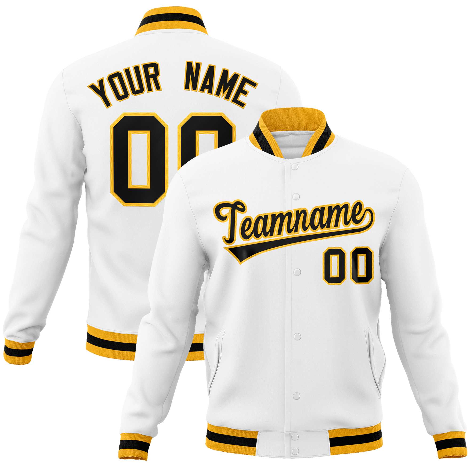 Custom White Black-Gold Classic Style Varsity Full-Snap Letterman Jacket | KXKSHOP