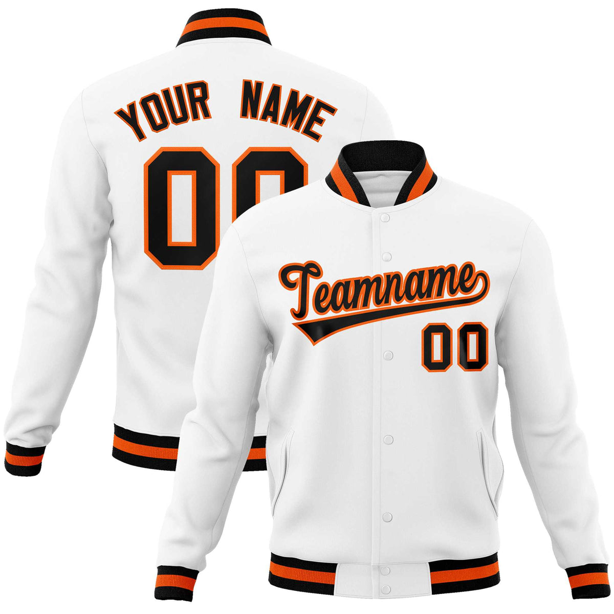 Custom White Black-Orange Classic Style Varsity Full-Snap Letterman Jacket | KXKSHOP