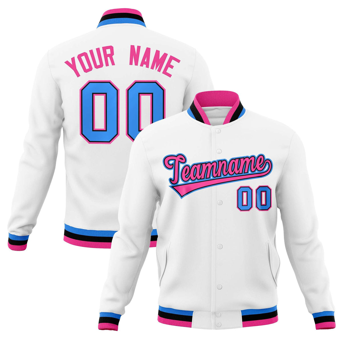 Custom White Pink-Powder Blue Classic Style Varsity Full-Snap Letterman Jacket | KXKSHOP