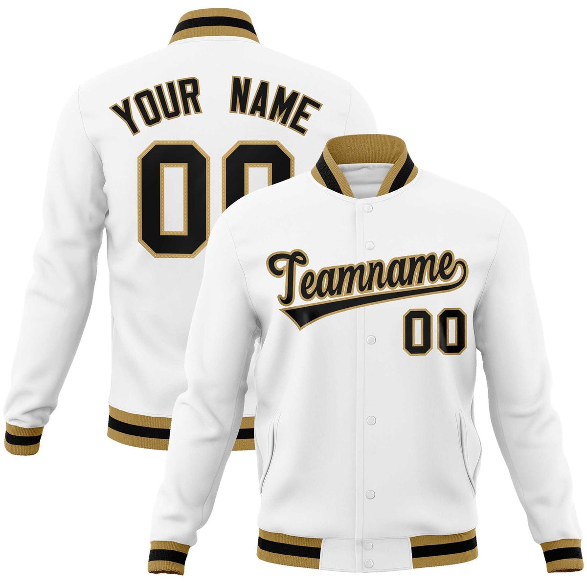 Custom White Black-Old Gold Classic Style Varsity Full-Snap Letterman Jacket | KXKSHOP