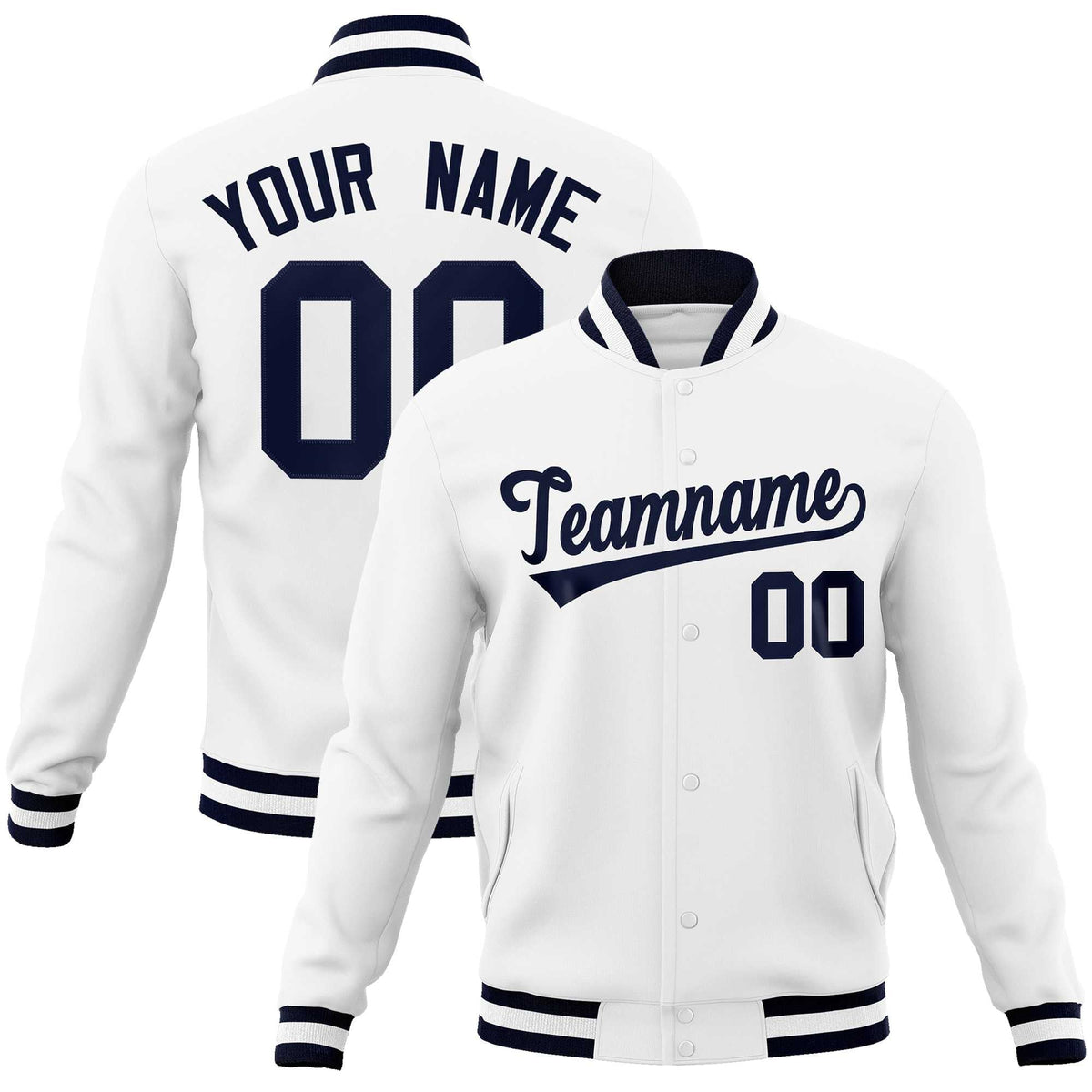 Custom White Navy Classic Style Varsity Full-Snap Letterman Jacket | KXKSHOP