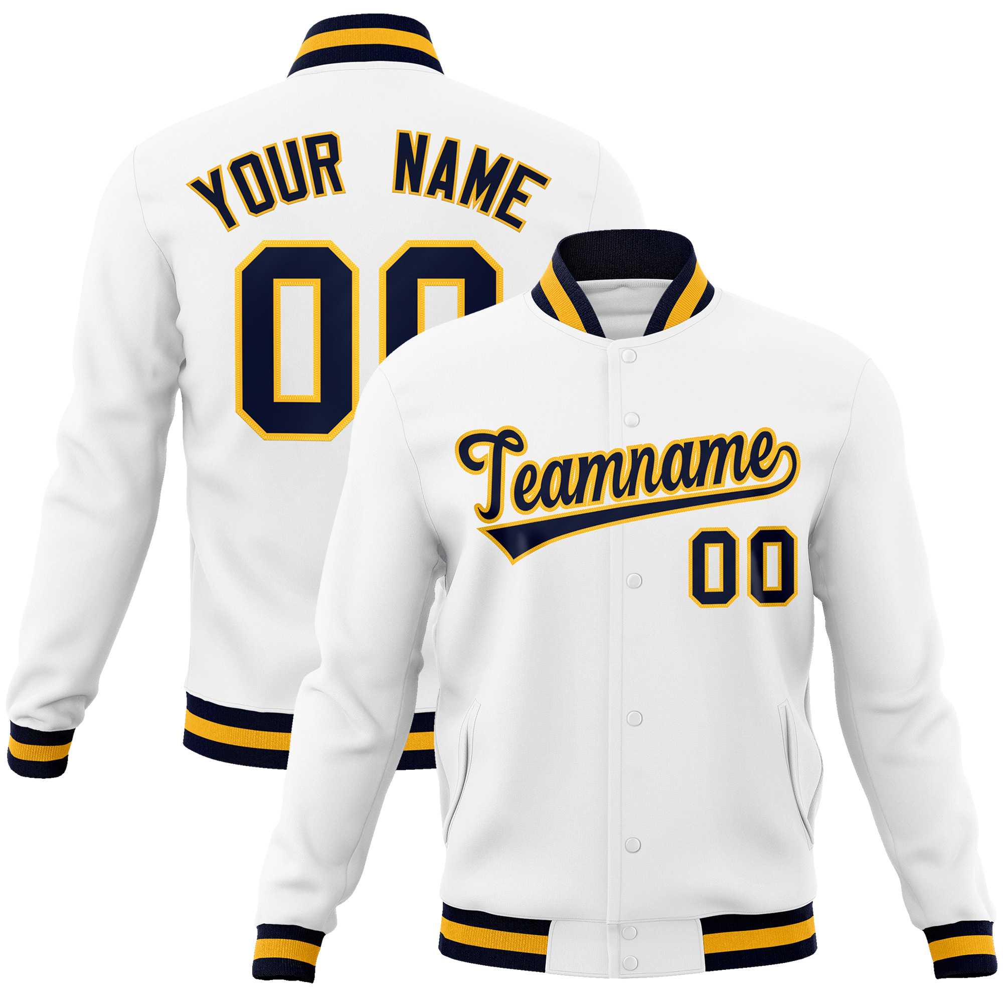 Custom White Navy-Gold Classic Style Varsity Full-Snap Letterman Jacket | KXKSHOP