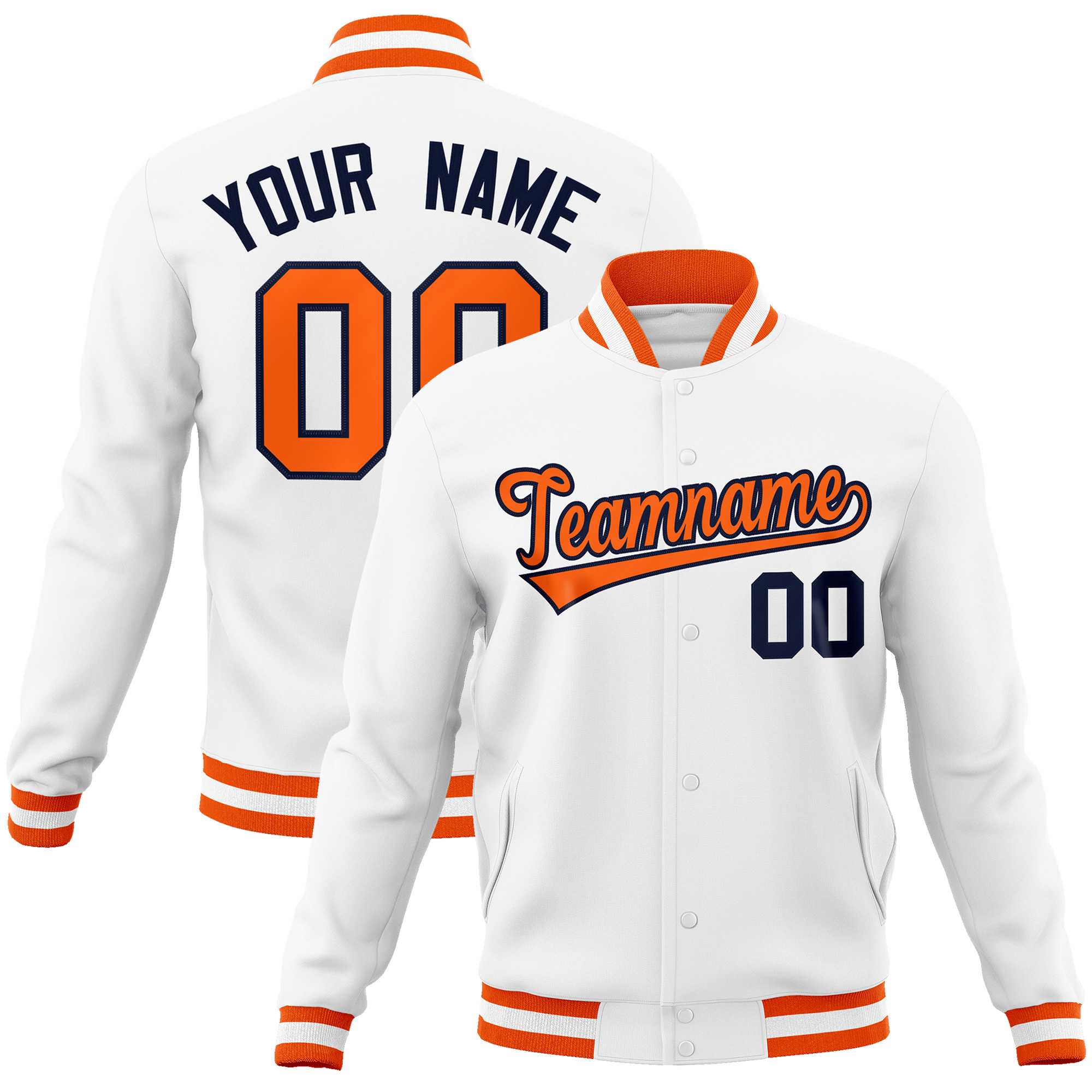 Custom White Orange-Navy Classic Style Varsity Full-Snap Letterman Jacket | KXKSHOP