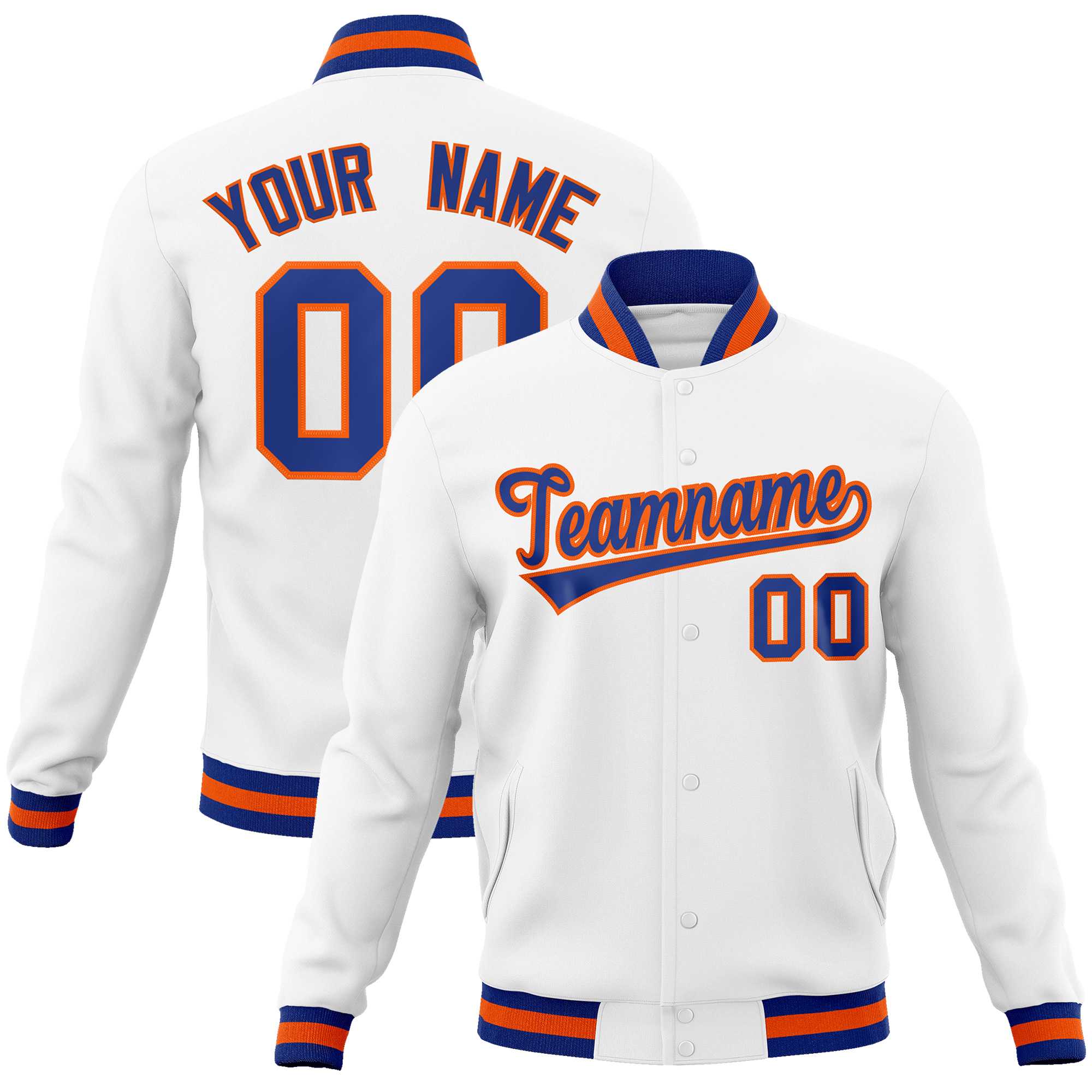 Custom White Royal-Orange Classic Style Varsity Full-Snap Letterman Jacket | KXKSHOP