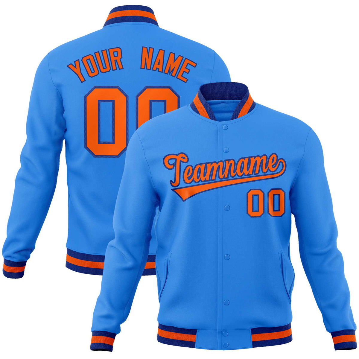 Custom Powder Blue Orange-Royal Classic Style Varsity Full-Snap Letterman Jacket | KXKSHOP
