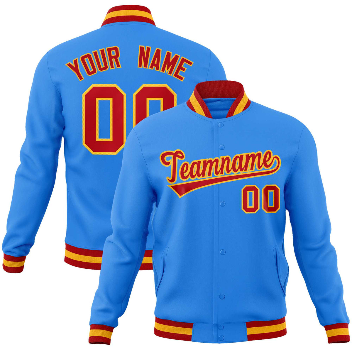 Custom Powder Blue Red-Gold Classic Style Varsity Full-Snap Letterman Jacket | KXKSHOP