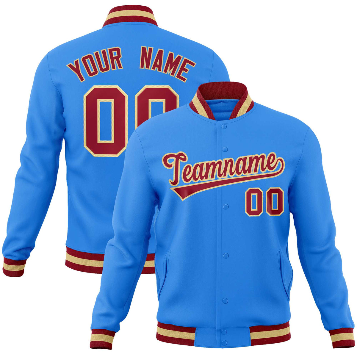 Custom Powder Blue Crimson-Khaki Classic Style Varsity Full-Snap Letterman Jacket | KXKSHOP