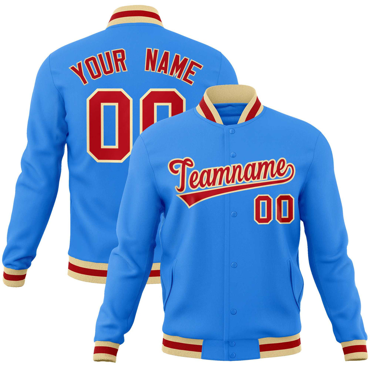 Custom Powder Blue Red-Khaki Classic Style Varsity Full-Snap Letterman Jacket | KXKSHOP