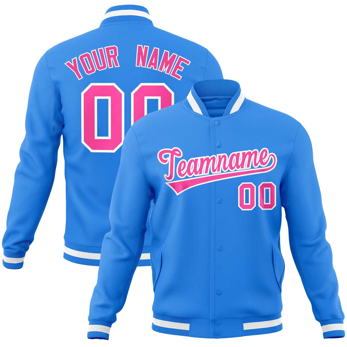 Custom Powder Blue Pink-White Classic Style Varsity Full-Snap Letterman Jacket | KXKSHOP