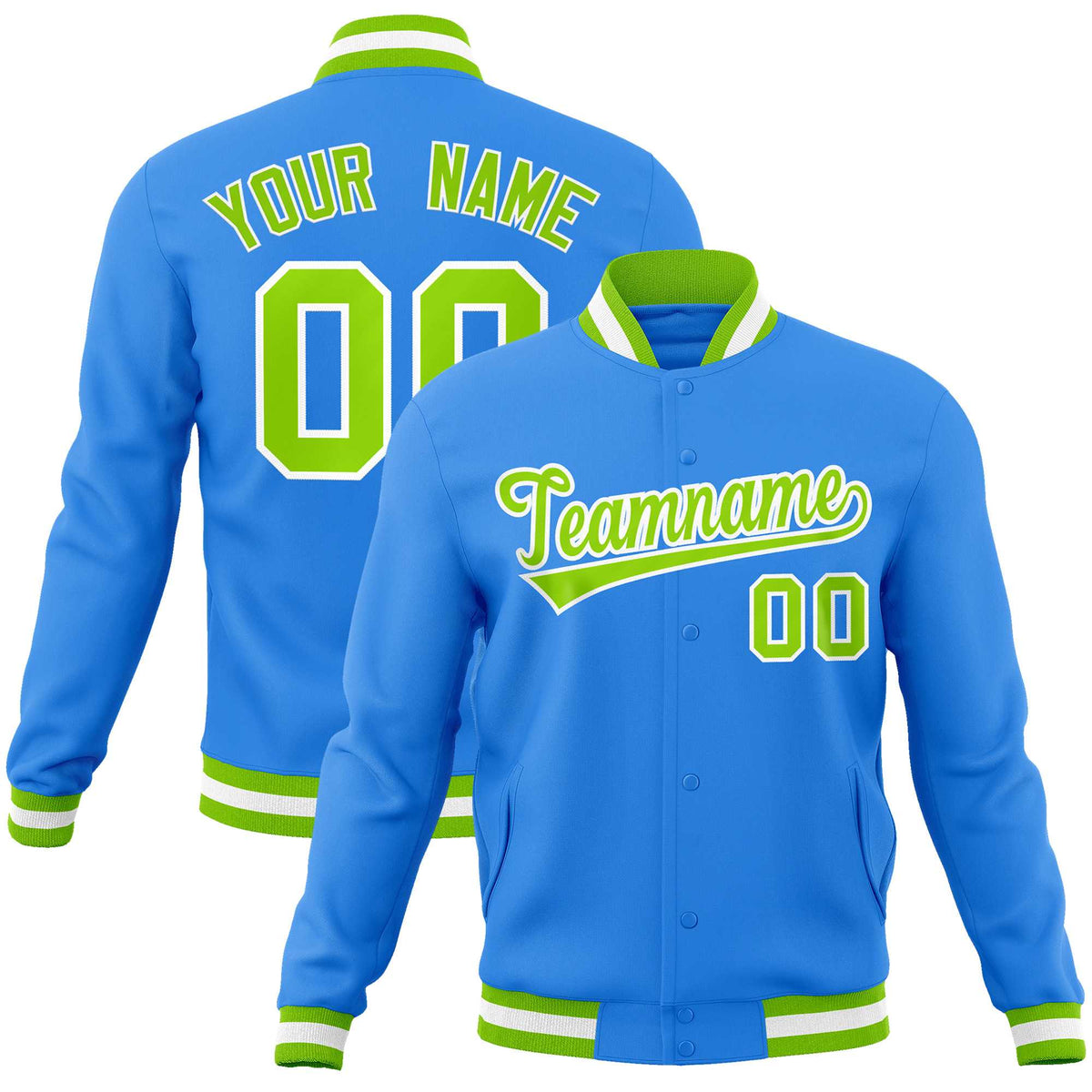 Custom Powder Blue Neon Green-White Classic Style Varsity Full-Snap Letterman Jacket | KXKSHOP