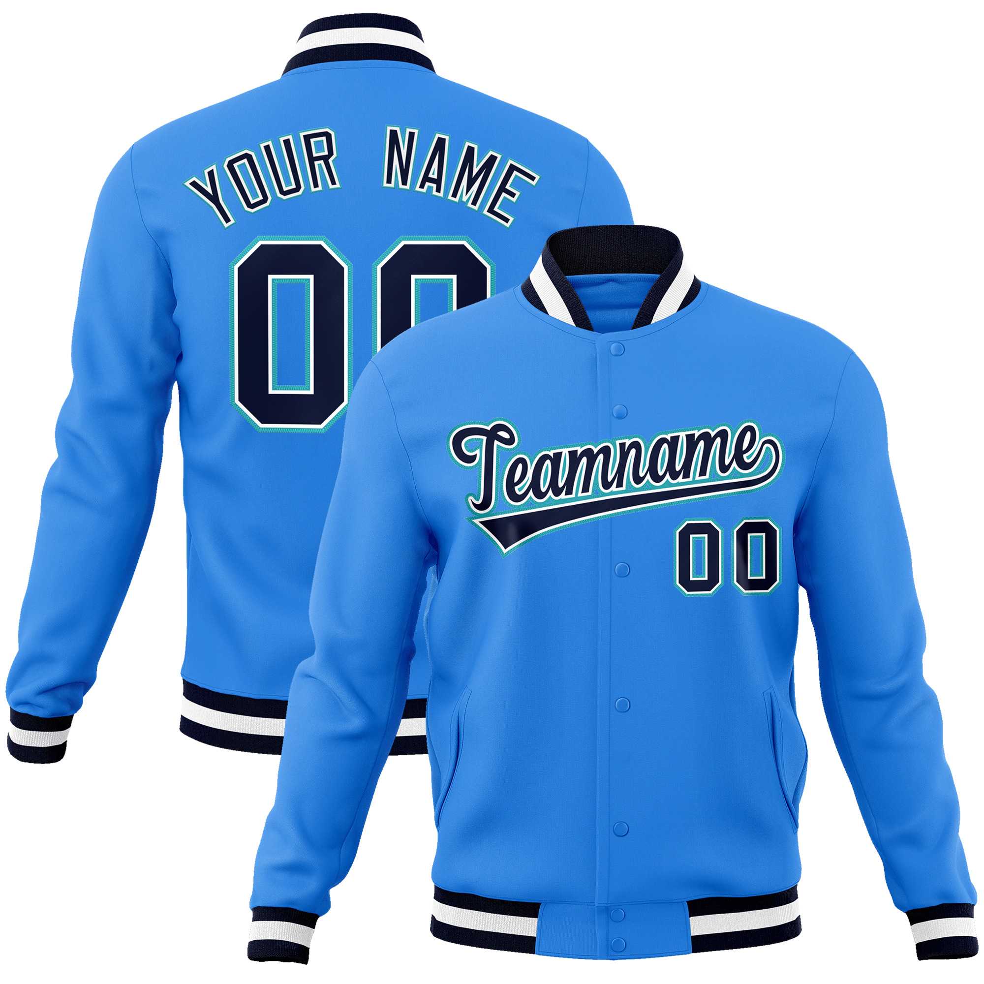Custom Powder Blue Navy-Aqua Classic Style Varsity Full-Snap Letterman Jacket | KXKSHOP