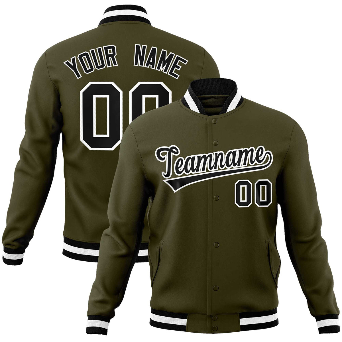 Custom Olive Black-White Classic Style Varsity Full-Snap Letterman Jacket | KXKSHOP
