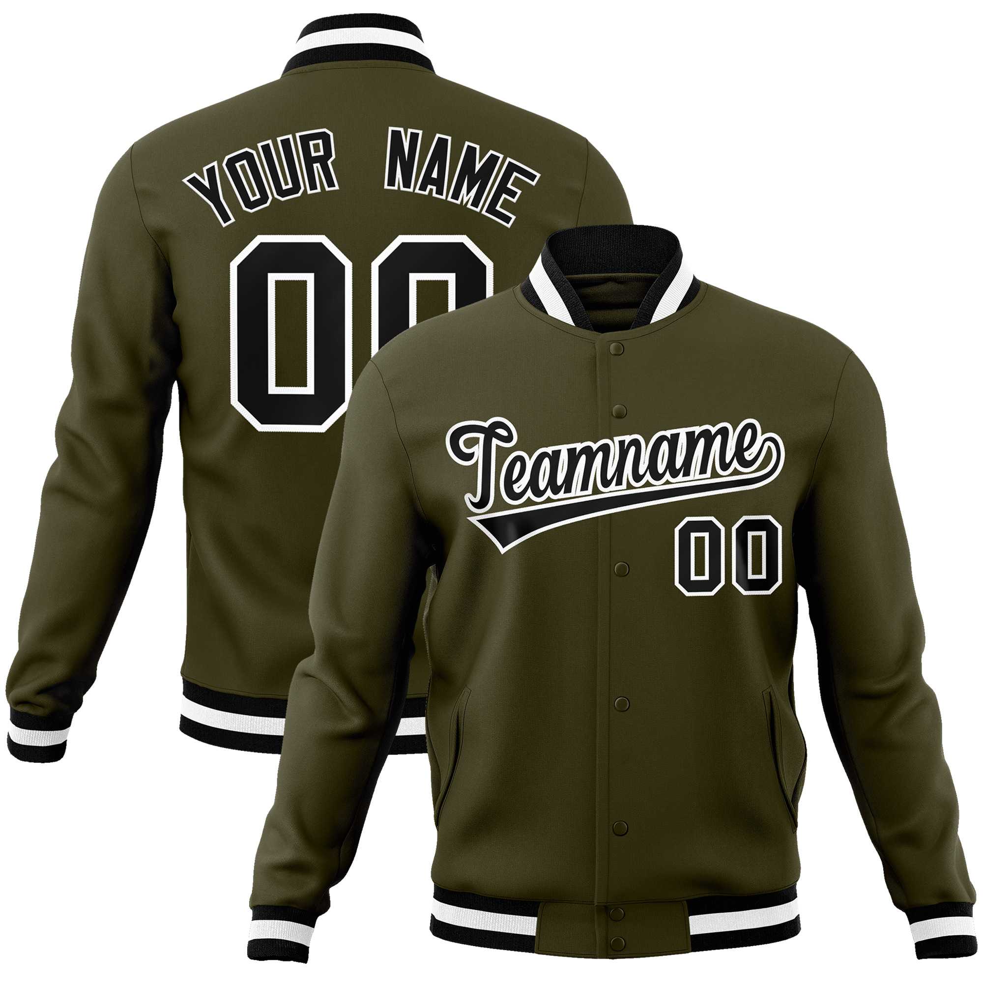 Custom Olive Black-White Classic Style Varsity Full-Snap Letterman Jacket | KXKSHOP
