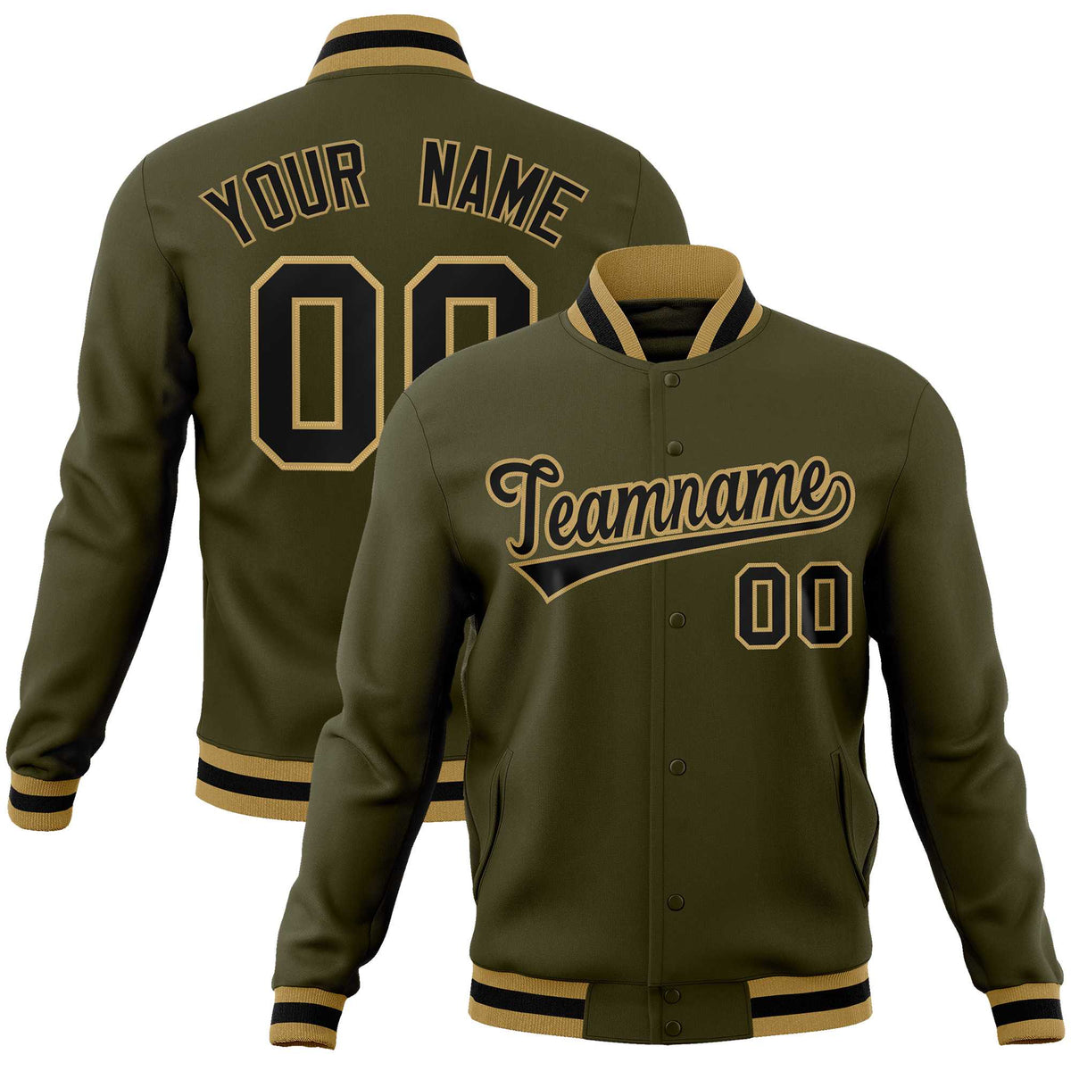 Custom Olive Black-Old Gold Classic Style Varsity Full-Snap Letterman Jacket | KXKSHOP