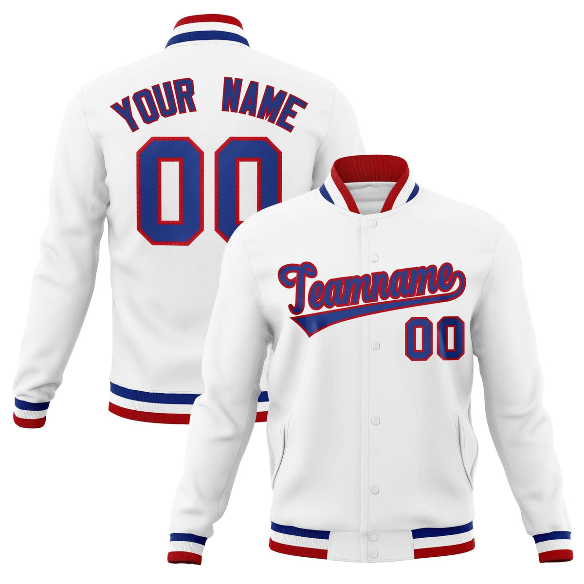 Custom White Royal-Red Classic Style Varsity Full-Snap Letterman Jacket | KXKSHOP