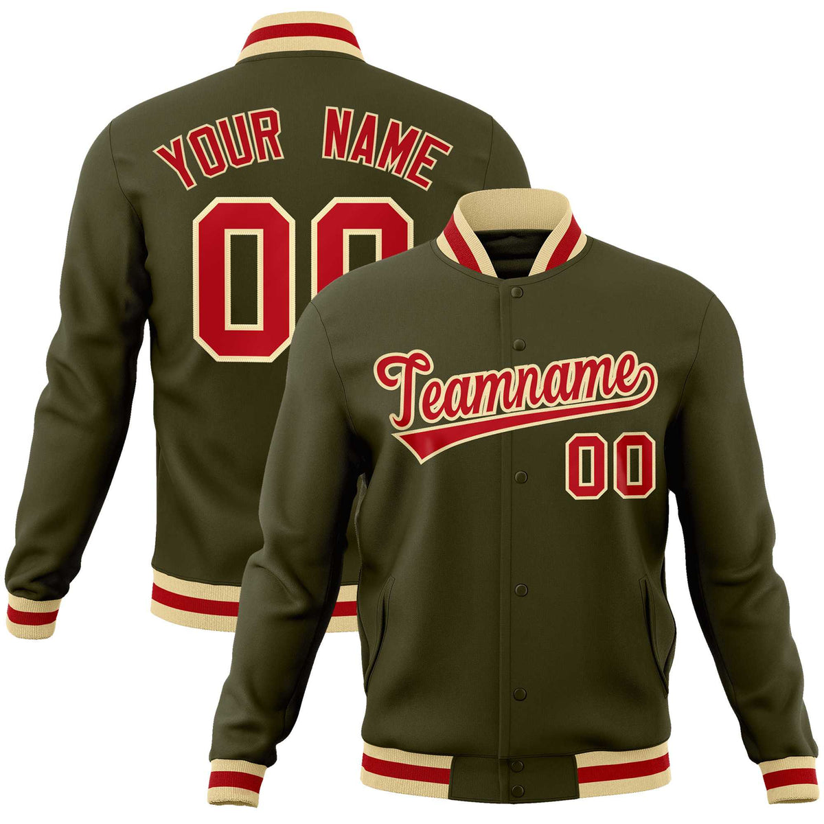 Custom Olive Red-Khaki Classic Style Varsity Full-Snap Letterman Jacket | KXKSHOP