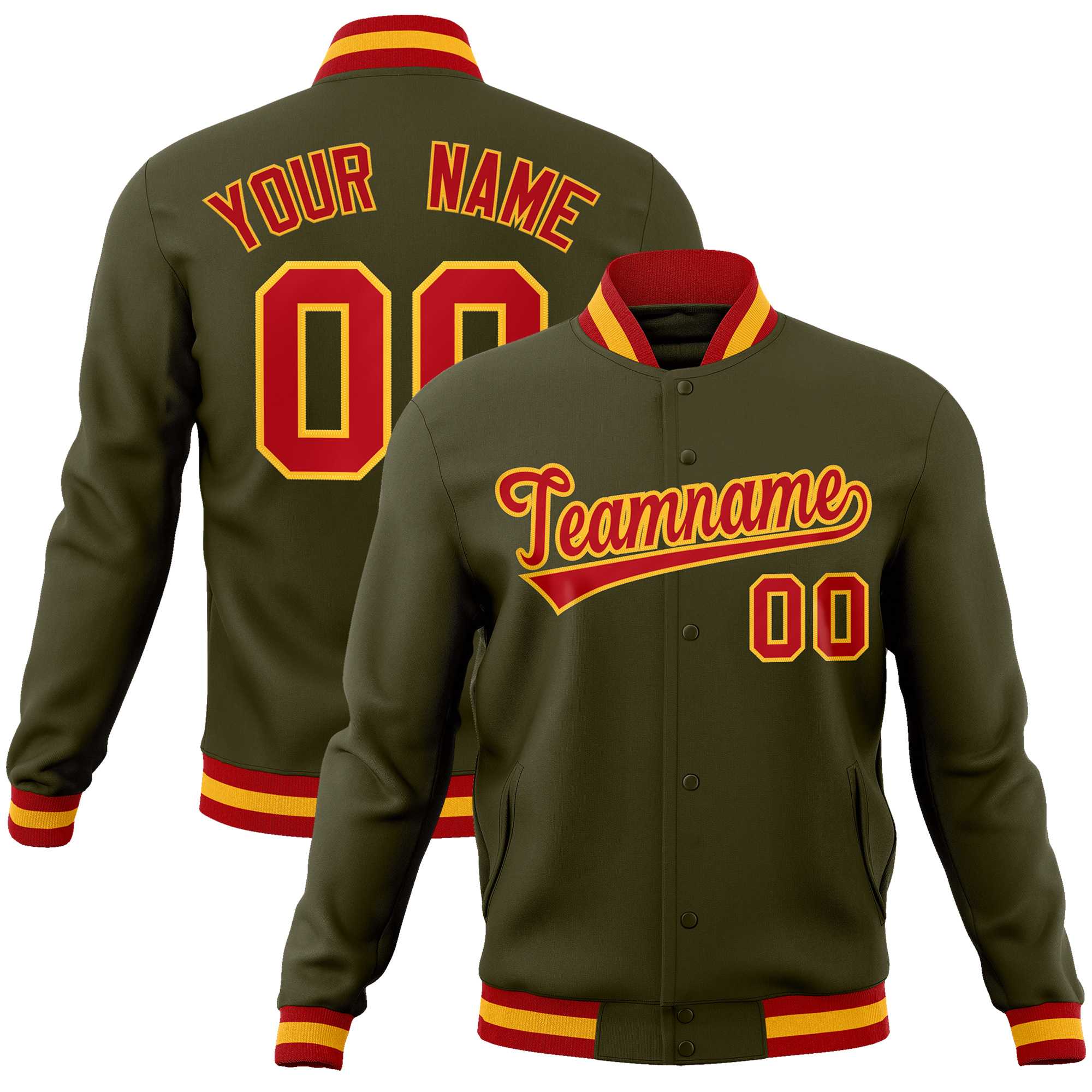 Custom Olive Red-Gold Classic Style Varsity Full-Snap Letterman Jacket | KXKSHOP