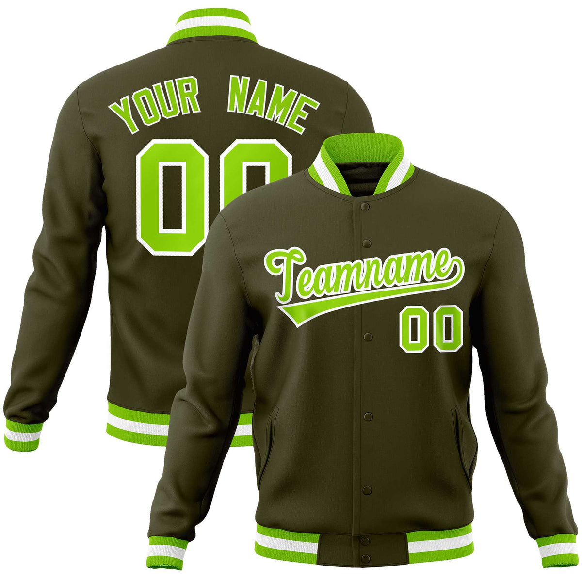 Custom Olive Neon Green-White Classic Style Varsity Full-Snap Letterman Jacket | KXKSHOP