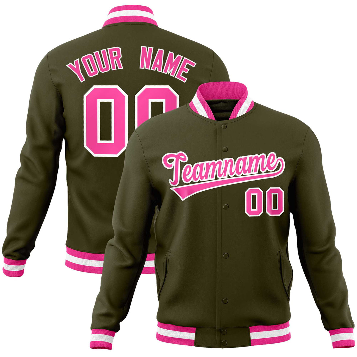 Custom Olive Pink-White Classic Style Varsity Full-Snap Letterman Jacket | KXKSHOP