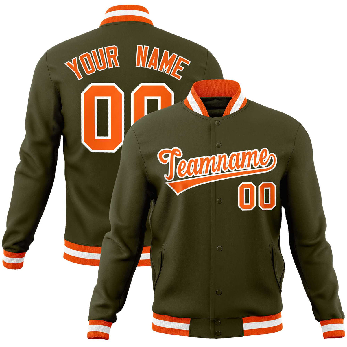 Custom Olive Orange-White Classic Style Varsity Full-Snap Letterman Jacket | KXKSHOP