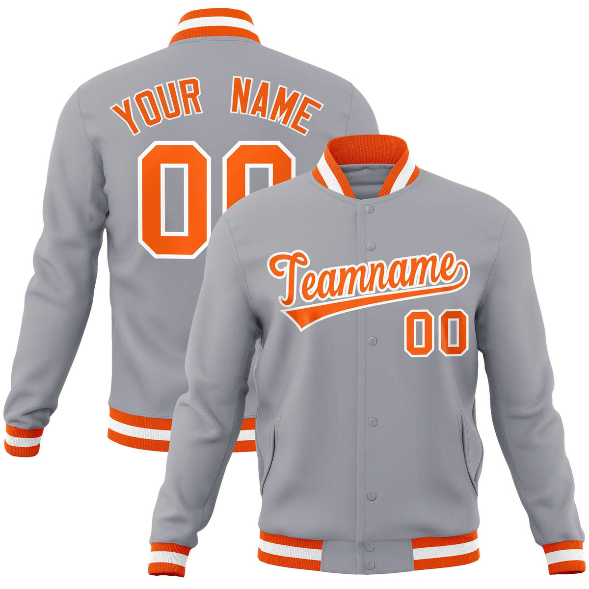 Custom Gray Orange-White Classic Style Varsity Full-Snap Letterman Jacket | KXKSHOP
