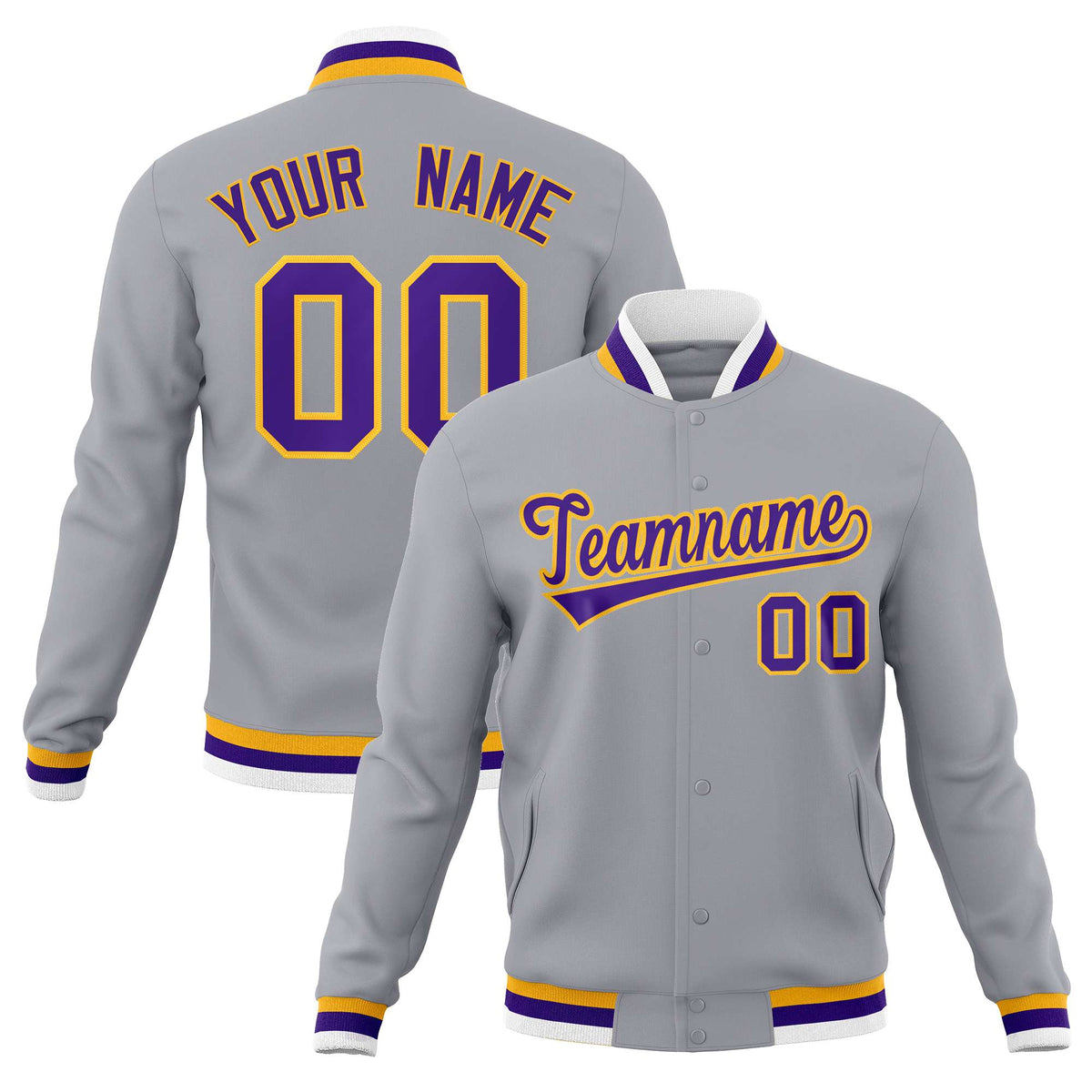 Custom Gray Purple-Gold Classic Style Varsity Full-Snap Letterman Jacket | KXKSHOP