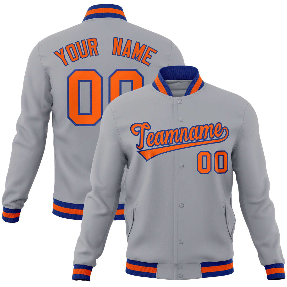 Custom Gray Orange-Royal Classic Style Varsity Full-Snap Letterman Jacket | KXKSHOP