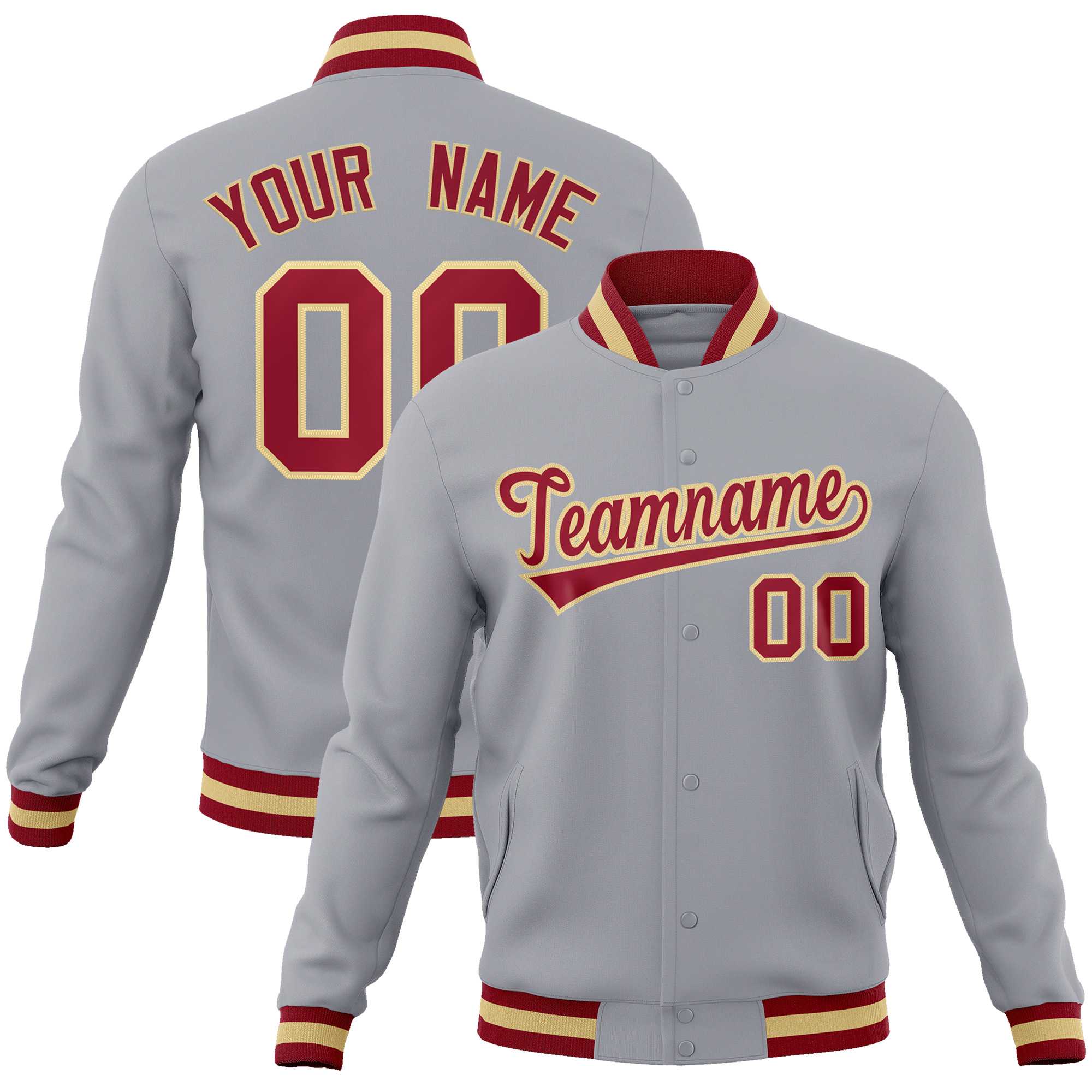 Custom Gray Crimson-Khaki Classic Style Varsity Full-Snap Letterman Jacket | KXKSHOP