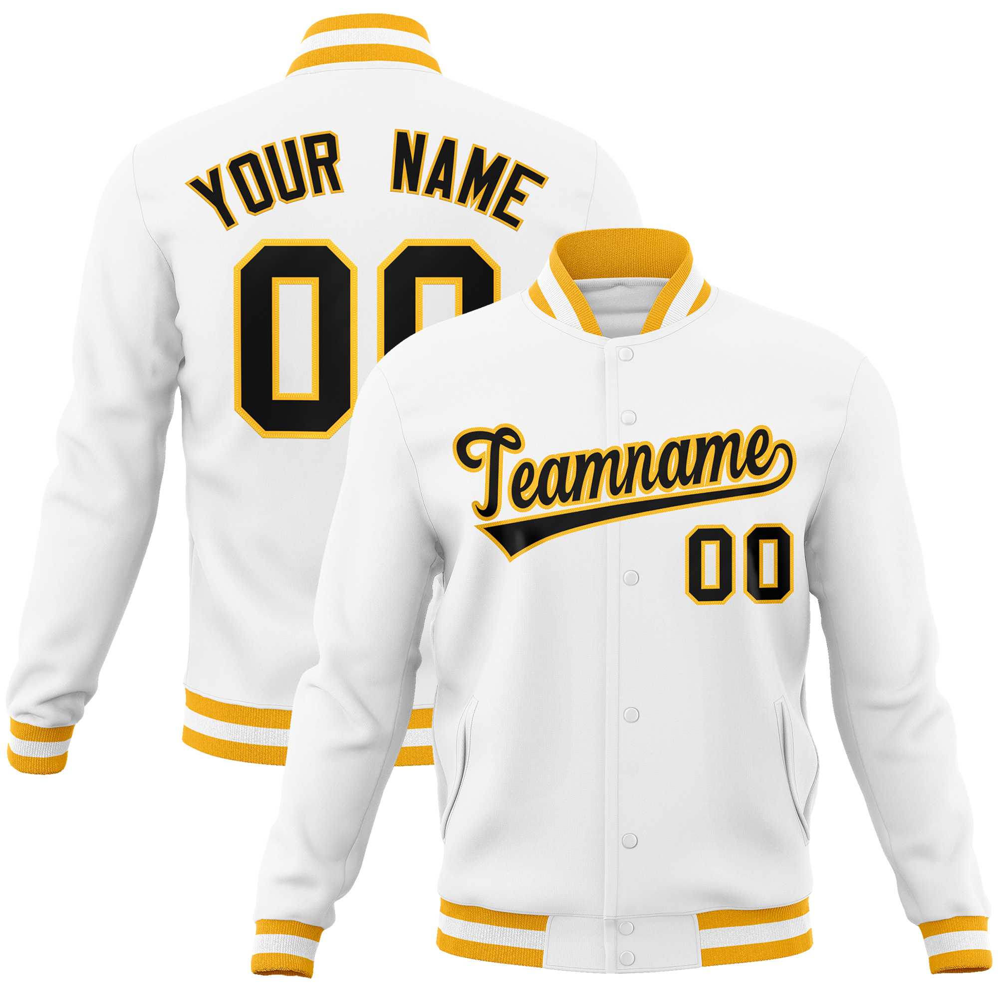 Custom White Black-Gold Classic Style Varsity Full-Snap Letterman Jacket | KXKSHOP