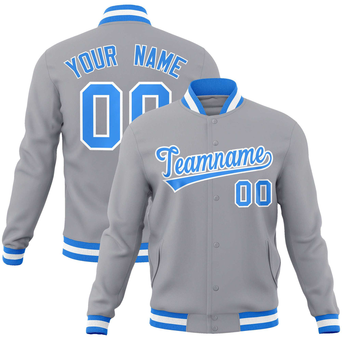 Custom Gray Powder Blue-White Classic Style Varsity Full-Snap Letterman Jacket | KXKSHOP