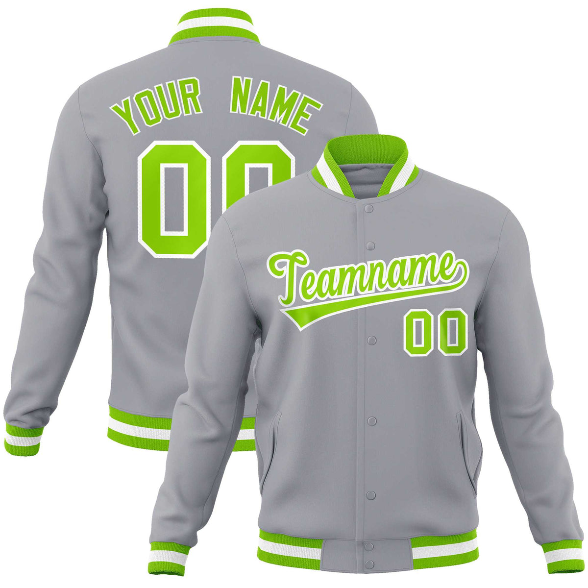 Custom Gray Neon Green-White Classic Style Varsity Full-Snap Letterman Jacket | KXKSHOP
