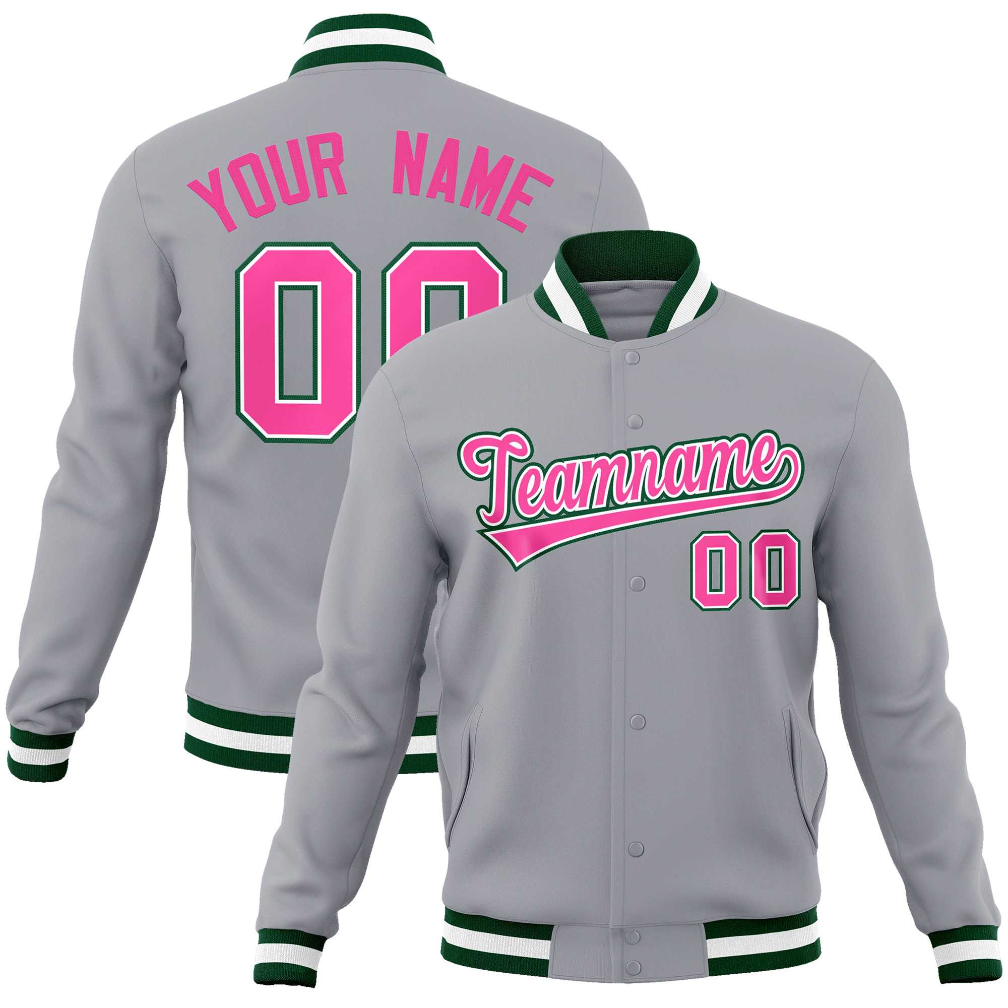 Custom Gray Pink-White Green Classic Style Varsity Full-Snap Letterman Jacket | KXKSHOP