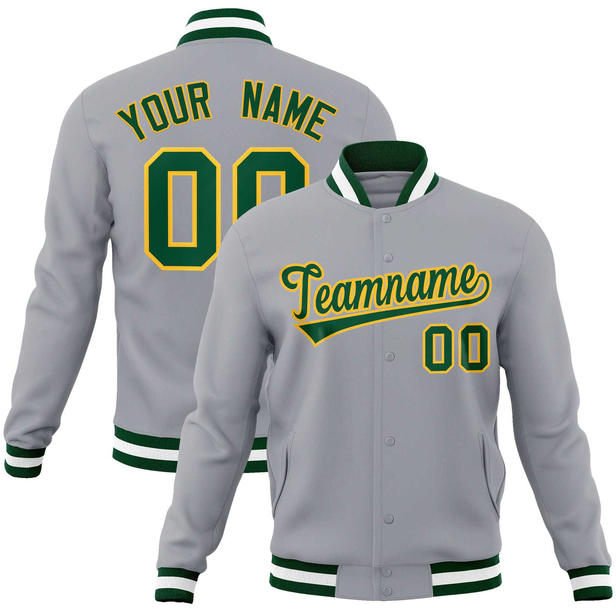 Custom Gray Green-Gold Classic Style Varsity Full-Snap Letterman Jacket | KXKSHOP